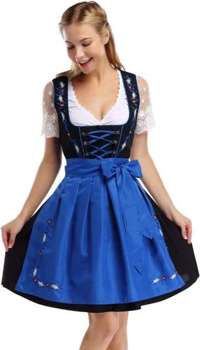 Vista 4 de GloryStar Vestido de cerveza de tirolesa alemana para mujer, disfraz de 3 piezas para el festival de carnaval bávaro del Oktoberfest 2 piezas - azul