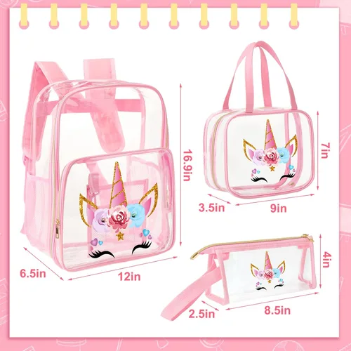 Vista 3 de Kacctyen Mochila transparente de 3 piezas, resistente y transparente, con bolsa de almuerzo, Rosado