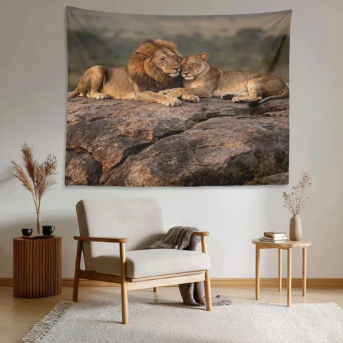 Vista 3 de Shrahala Brown Golden Tapestry, Lion Wall Hanging Hd Print Polyester Backdrop For Dorm Room Bedroom 30 X 40 In