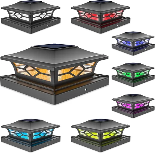 Vista 7 de VOLISUN Luz Solar para Poste Impermeable al Aire Libre: Cambio de Color RGB - Luces Intermitentes de Tapa Solar para Cerca 4 Unidades Blancas
