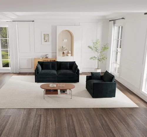 Vista 16 de KEIKI Juego de sofá de 2 piezas con 2 sofás individuales de felpilla de gran tamaño, estilo moderno tapizado de 2 plazas con 2 almohadas, cojines