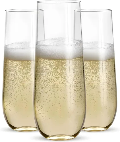 Vista 7 de Prestee Paquete de 24 copas de champán de plástico sin tallo, vasos desechables transparentes de 9 onzas para vino, cócteles, mimosas, copas