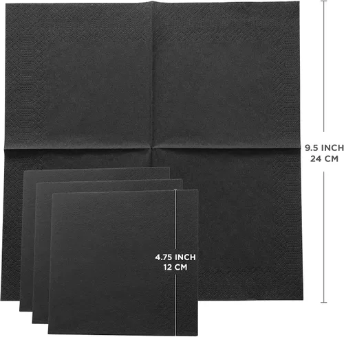 Vista 3 de Servilletas negras para bebidas, servilletas de papel desechables de 3 capas para bar, cóctel, bodas, cumpleaños, fabricadas en la UE, (20 unidades)