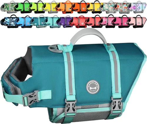 Vista 23 de VIVAGLORY Chaleco salvavidas para perros Rip Stop, chaleco de natación con asa, flotabilidad para perritos cachorros, chaleco salvavidas para perros