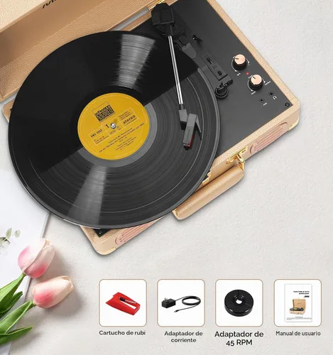 Vista 12 de Tocadiscos Bluetooth, tocadiscos portátil de 3 velocidades, dorado