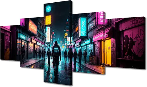 Vista 18 de Póster de 5 paneles en lienzo para decoración de pared, diseño de centro urbano Cyberpunk, impresión moderna, decoración de pared para el hogar