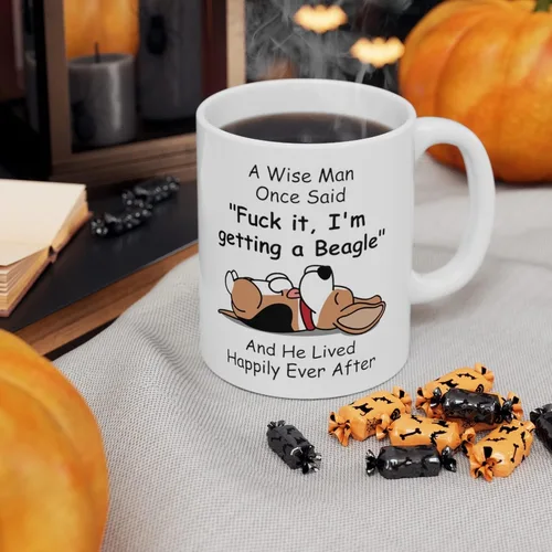 Vista 4 de Taza divertida para mujeres dueñas de mascotas – Taza para café «A Wise Woman Once Said», blanca, 325 ml., Beagle - Sabio hombre 1