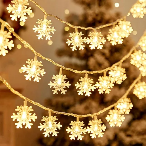 Vista 7 de Luces de Navidad, 20 pies, tira de 40 luces led con forma de copo de nieve, azules, funciona con pilas, guirnalda de luces para dormitorio, patio