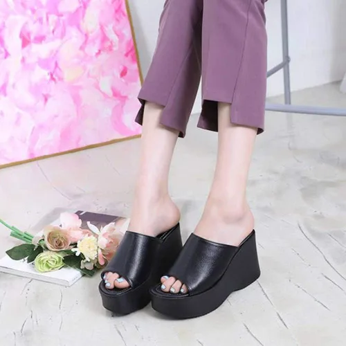 Vista 7 de Pantuflas de tacón alto con plataforma y puntera abierta para mujer, Negro, 7
