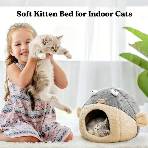 Vista 3 de Camas para gatos de interior – Cueva de cama para gatos con almohada acolchada extraíble lavable, tienda de campaña para gatos súper suave 2 en 1