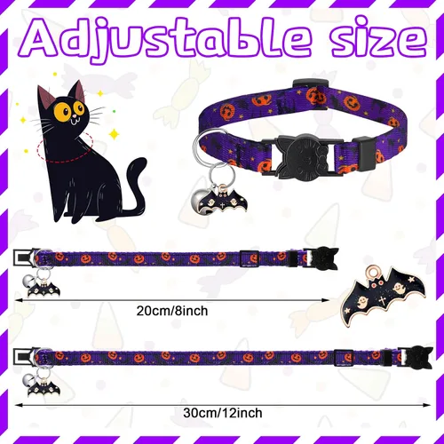 Vista 3 de Talltalk 15 piezas de collar de gato festivo para Halloween, collar de gato Hebilla de seguridad ajustable, calabaza fantasma, se adapta a mascotas