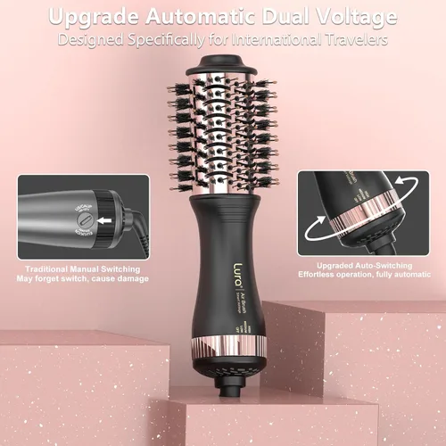 Vista 2 de Cepillo secador de pelo automático de doble voltaje con enchufe europeo, mini cepillo secador de pelo de viaje para mujeres, portátil, ligero, de un