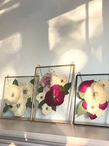 Vista 9 de Beedecor Juego de 2 marcos colgantes de vidrio doble para flores prensadas, hojas y obras de arte, marco flotante de metal grande con cadena, marcos