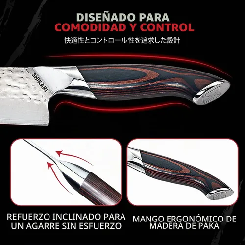 Vista 3 de SHIKARI Cuchillo de chef – Cuchillo japonés de 8 pulgadas con espiga completa VG-10 de acero de Damasco – Cuchillo de chef profesional con mango