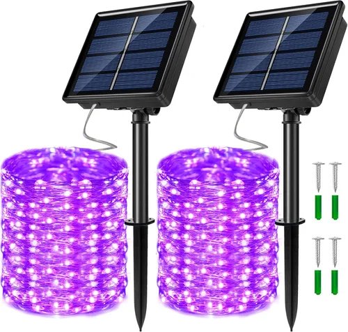 Vista 10 de Guirnalda de luces LED con energía solar actualizada, 8 modos, resistente al agua, IP65, iluminación intermitente, para interior y exterior, Azul
