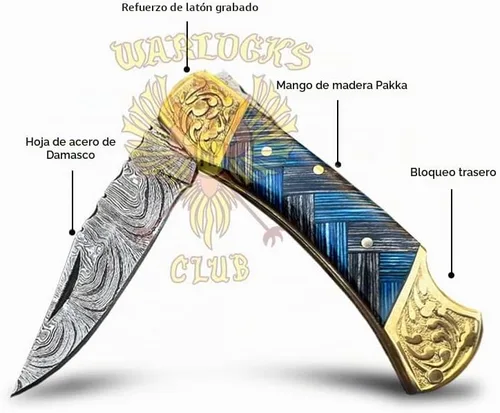 Vista 3 de Navaja de bolsillo de Damasco hecha a mano con funda Azul Negro