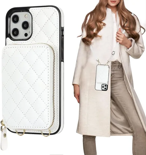 Vista 15 de Bocasal Funda tipo cartera cruzada para iPhone 12 Pro Max, con bloqueo RFID, de piel sintética, con cremallera, funda tipo cartera con función atril