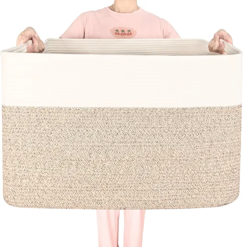 Vista 12 de MINTWOOD Design 112L Canasta Extra Grande para Mantas con Soporte para Sala de Estar, 25"x17"x16" Canasta de Almacenamiento de Cuerda Tejida