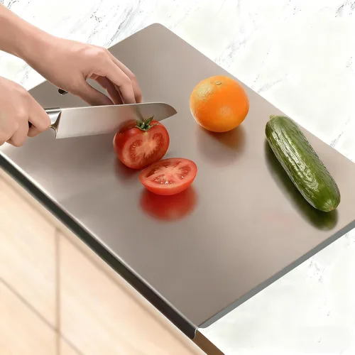Vista 11 de Tablas de cortar grandes de acero inoxidable para cocina, tablas de cortar con alfombrilla antideslizante azul, tabla de cortar con borde