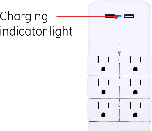 Vista 11 de GE - Extensor de 6 tomas con salidas giratorias, 2 puertos USB, enchufe de pared con toma de tierra, estante para dispositivos incorporado
