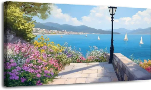 Vista 8 de Arte de pared costero vintage de 30 x 60 pulgadas, paisaje de ventana, granja, paisaje, naturaleza, pintura cálida, impresión sobre lienzo, arte