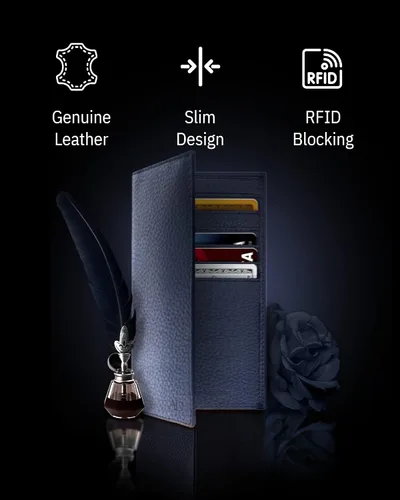 Vista 3 de Funda de cuero genuino para hombres y mujeres Funda para libro de cheques para duplicar cheques, billetera RFID