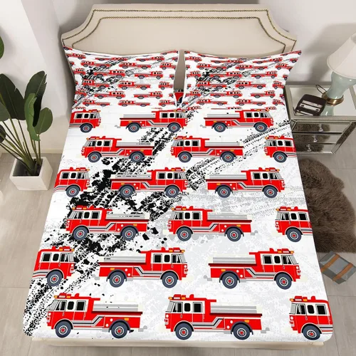 Vista 20 de Juego de sábanas bajeras ajustables para niños, diseño de caricaturas, camiones, tamaño individual, juegos de ropa de cama de excavadoras, camiones