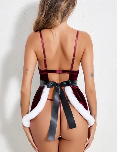 Vista 3 de Avidlove Conjuntos de lencería de Navidad para mujer, con estampado de Papá Noel, de terciopelo rojo