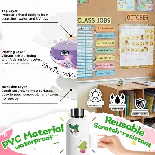 Vista 4 de LINAYE 100 calcomanías individuales de recompensa de Punny que no se repiten, vinilo motivacional, impermeables, calcomanías para profesores, a