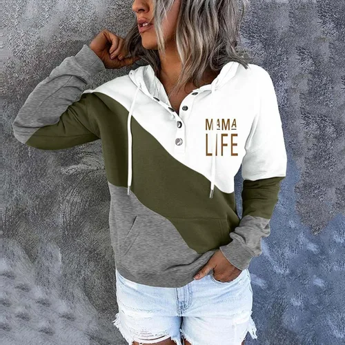 Vista 2 de BEUU - Sudadera con capucha con estampado de letras de mamá para mujer, casual, manga larga, con cordón, suéter con botones, 20210926-1-1, M