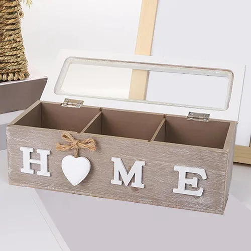 Vista 5 de Wooden Tea Box Storage Holder Organizer Container with Lightweight Structure and Secure Lid Suitable for Jewelry Organizer Display Home, 3 Grid