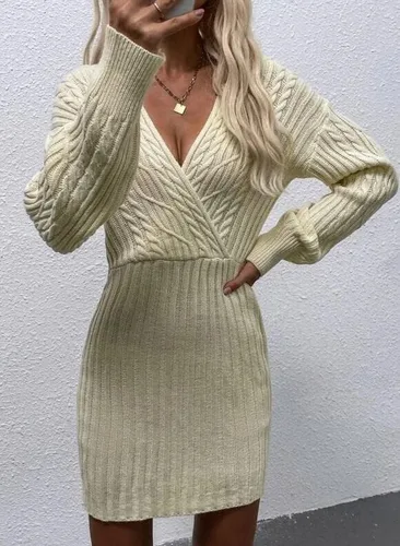 Vista 6 de Suéter de punto casual con cuello en V para mujer, elegante, de manga larga, elástico, ajustado, acanalado