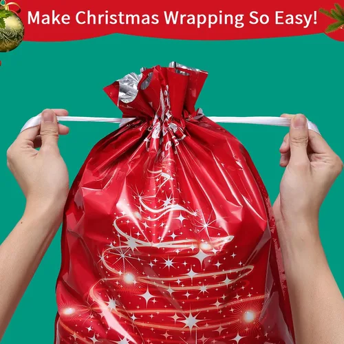 Vista 3 de Bolsas de regalo de Navidad con cordón, 20 bolsas de Navidad de varios tamaños para regalos, bolsas de plástico a granel, bolsas de regalo