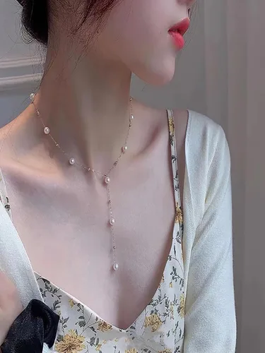 Vista 4 de Collar de Lariat negro para mujer, collar de diamantes de imitación negros, collar de cuentas boho en capas, collar de perlas de cuero, accesorios