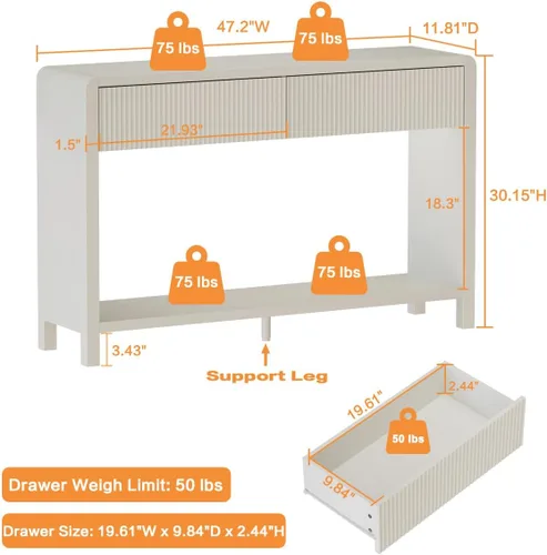 Vista 3 de FATORRI Mesa consola de entrada con 2 cajones, moderna mesa de sofá para sala de estar, mesas de sofá detrás del sofá y mesas de pasillo