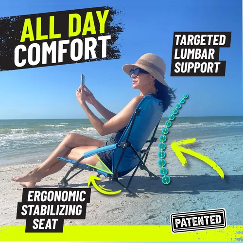 Vista 4 de STRONGBACK Sillas de playa – Silla de playa portátil reclinable de baja gravedad – con soporte lumbar integrado, sillas de playa plegables