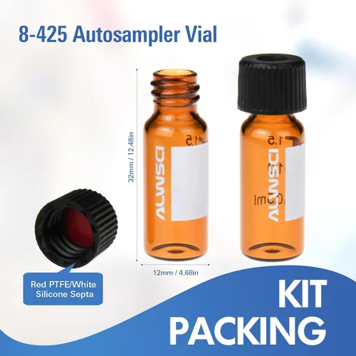 Vista 2 de ALWSCI Vial de HPLC de 0.31 fl oz y 0.315 pulgadas, vial de muestras de borosilicato con graduación, vial roscado de rosca tipo 8-425, tapón
