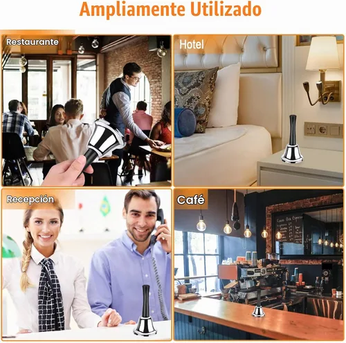 Vista 6 de Paquete de 4 campanas de mano, campanas de acero plateado, campanas sonoras con asa, campanas de cena para interior de aula, para línea