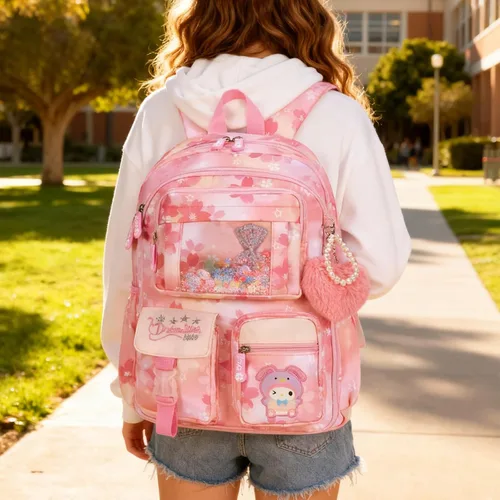 Vista 6 de Mochila infantil para niñas, mochila escolar de dibujos animados para estudiantes de escuela secundaria primaria, bolsa de libros para niños Kawaii