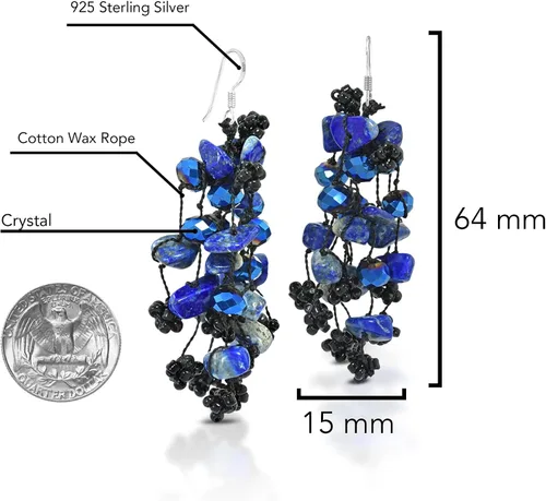 Vista 4 de AeraVida Aretes colgantes hechos a mano con perlas de agua dulce y cristal multipiedra azul, 0.591 in x 1.969 in, Resina Perla, Lapislázuli