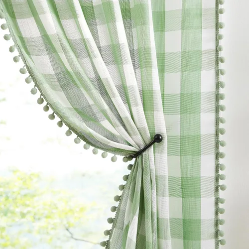 Vista 14 de Cortinas de cuadros blancos y negros con pompones, 45 pulgadas, semitransparentes a cuadros Blanco y negro