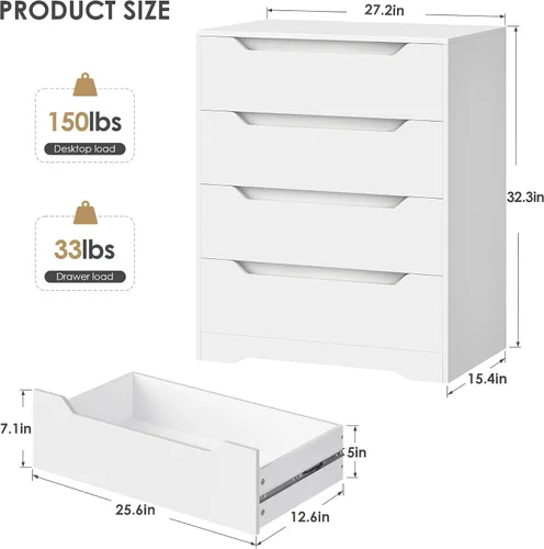 Vista 3 de HOSTACK Cómoda Blanca, Cómoda de 4 Cajones, Cómoda Moderna con Tiradores Recortados, Cómodas Pequeñas con Cajones, Organizador de Cofre