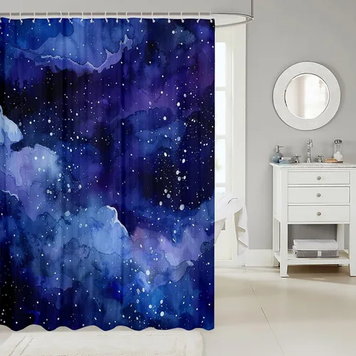 Vista 2 de Cortina de baño con temática del universo cósmico de galaxia, juego de cortina de ducha de cielo nocturno estrellado para niños y adultos, cortina
