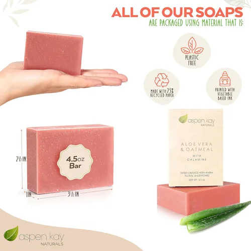 Vista 9 de Aspen Kay Naturals Barra de jabón de aloe vera y avena con calamina, ingredientes naturales y orgánicos, aloe vera orgánico y avena coloidal. Cara
