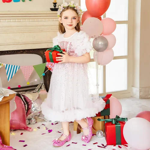 Vista 7 de Furdeour Zapatos de vestir para niñas, zapatos de princesa Mary Jane para bodas, flores, damas de honor, tacones con purpurina para niños pequeños