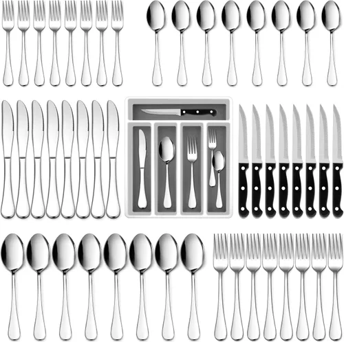 Vista 11 de E-far Juego de cubiertos negros de 24 piezas con cuchillos para carne, cubiertos de acero inoxidable para 4, modernos juegos de utensilios de metal