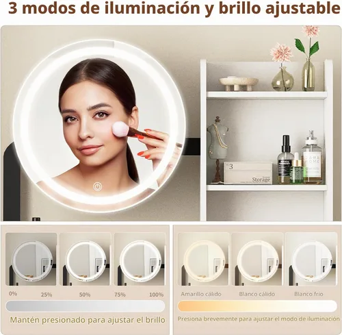 Vista 2 de Mesa de tocador pequeña con espejo y luces, mesa de tocador de maquillaje con espejo LED, 3 modos de iluminación, toma de corriente, cajón, estantes