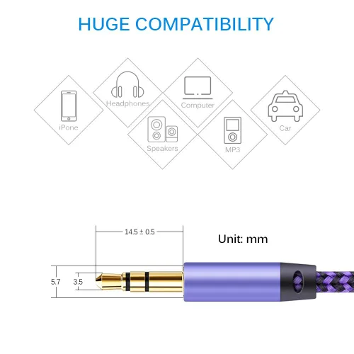 Vista 2 de AILKIN Cable AUX para automóvil, paquete de 2 cables de audio auxiliar de 0.138 in, acordes auxiliares estéreo trenzados compatibles