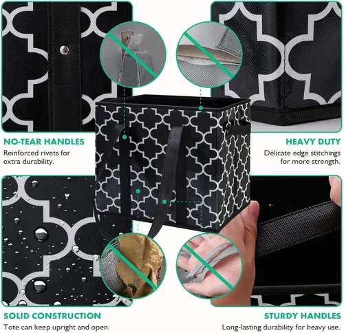 Vista 6 de Bolsas reutilizables para comestibles, paquete de 2 unidades, plegable, lavable, cesta de almacenamiento grande, color negro Contenedores