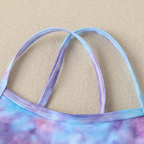 Vista 4 de Bolsa de traje de baño de verano para niñas pequeñas, sin mangas, colorido, teñido anudado, estilo festivo, traje de baño bikini (azul, 6-7 años)